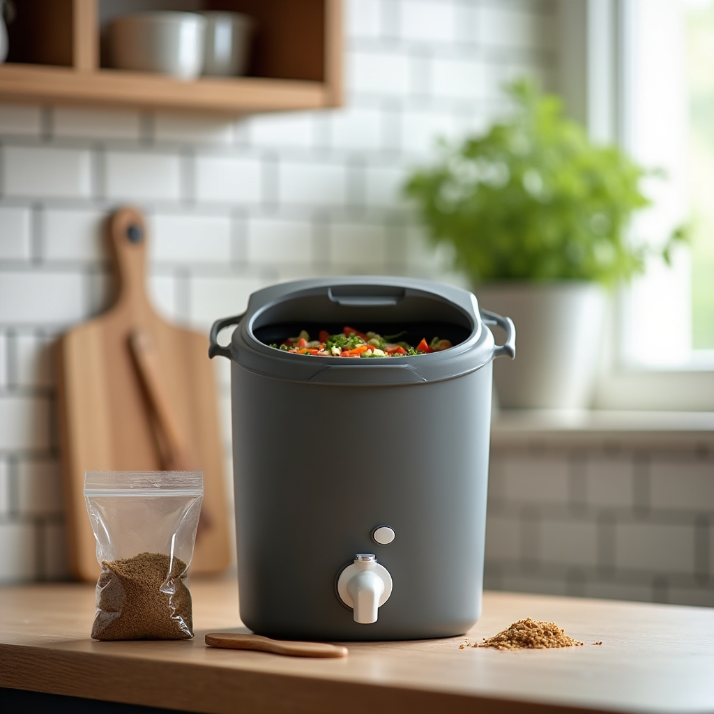 Bokashi fermentation bucket on a kitchen counter with a Polish apartment kitchen visible in the background