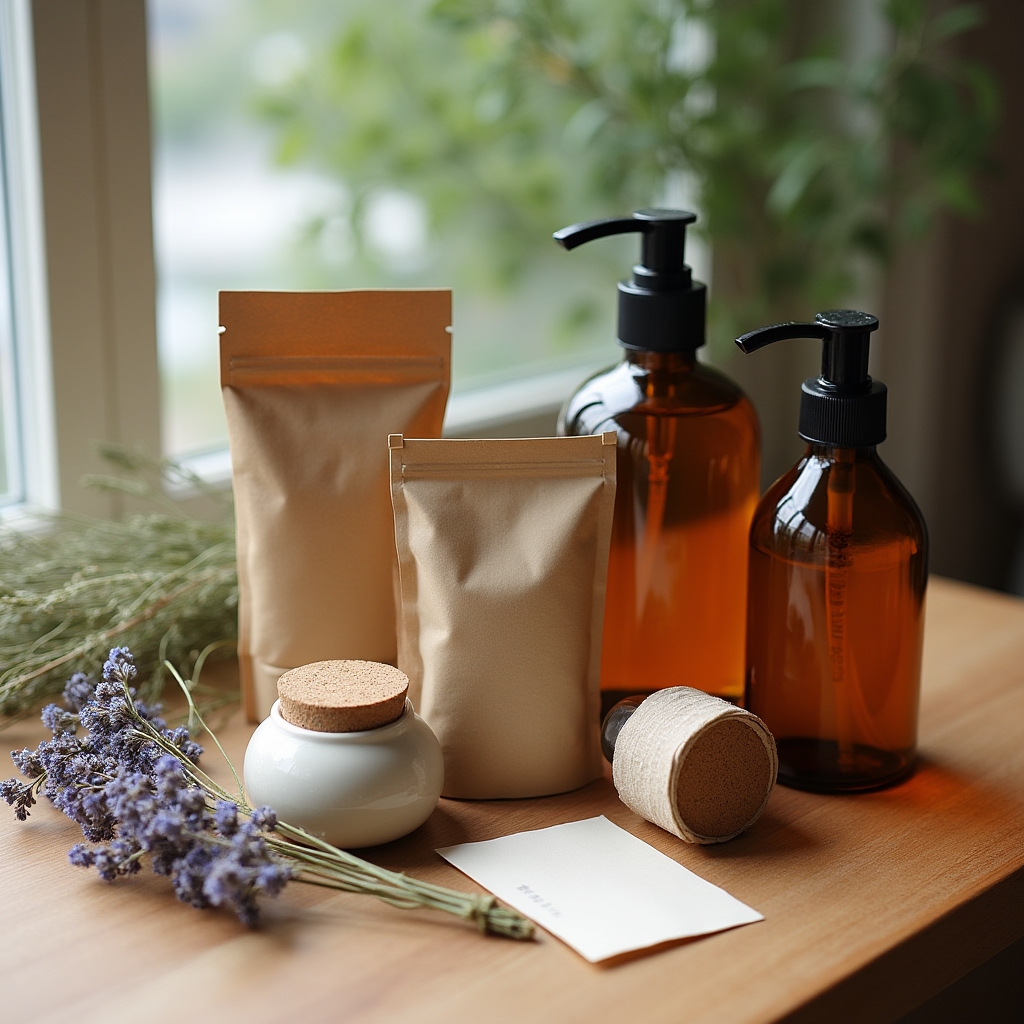 Selection of refillable glass containers and eco-packaging from Polish zero-waste brands displayed on a wooden surface
