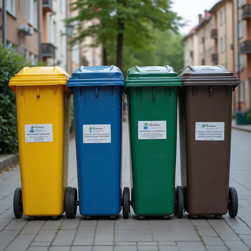 Five coloured recycling bins aligned on a Warsaw street showing the Polish colour-coded sorting system