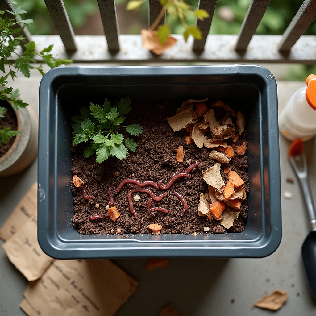 Compact worm composting bin set up on a small urban apartment balcony with organic kitchen scraps